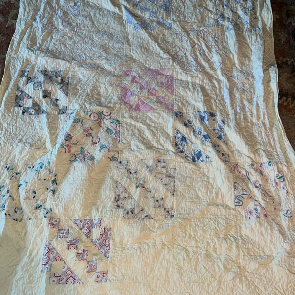 Antique twin size handmade squares patchwork triangle quilt 54” x 80”